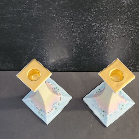 Royal Bavarian 8.5" Pair of Guilt and Hand Painted Forget Me Nots Porcelain Cand - Picture 2 of 10